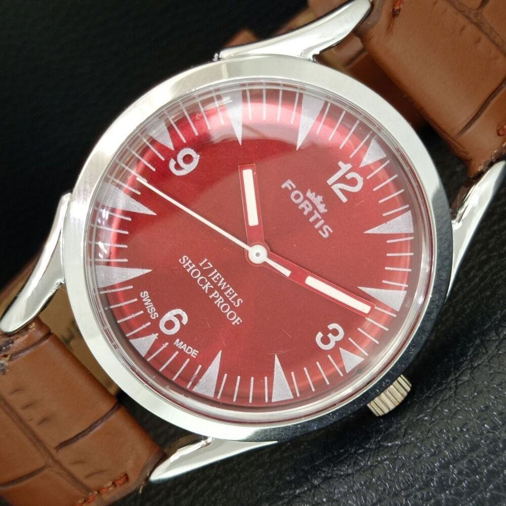 Vintage 1974 Fortis Manual Mens Silver Watch W/Leather Strap & Red accents